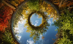 the sky is seen through the top of a circular mirror