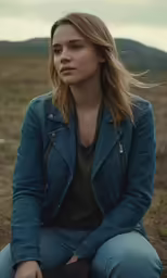 a woman sitting in the middle of a field