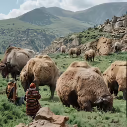 people sitting in front of animals in the mountains