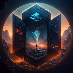 a man standing inside an open cube surrounded by rocks