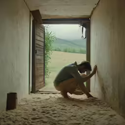 a person kneeling down in an open area