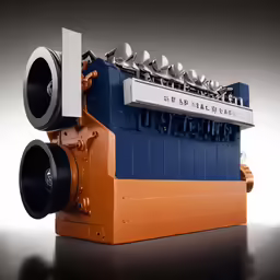 a diesel engine on display against a dark background
