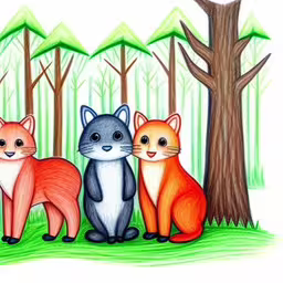 a drawing of three foxes in front of trees