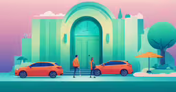an illustration of a person standing in front of cars on a road,a man standing in front of two parked cars on a road