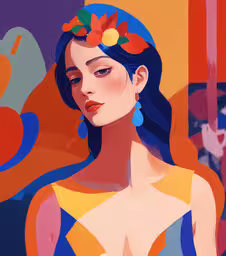 a painting of a woman with a flower in her hair,a woman with blue hair in a yellow dress