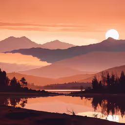 a beautiful sunset shows a lake in the foreground and mountains in the background,a sunset on a lake in the mountains