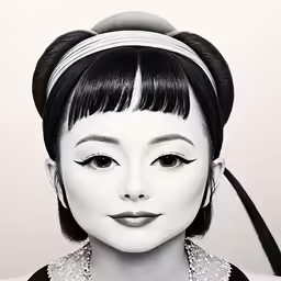 the portrait of an oriental woman with black hair and wearing a choke