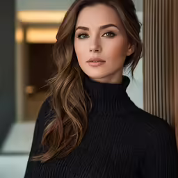 a woman posing for the camera in a black sweater