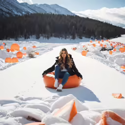 a beautiful woman sitting in a large orange tube
