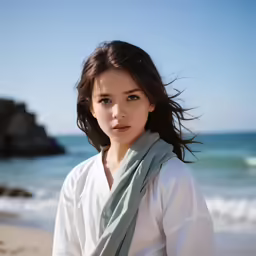 a girl with her eyes closed poses on the beach