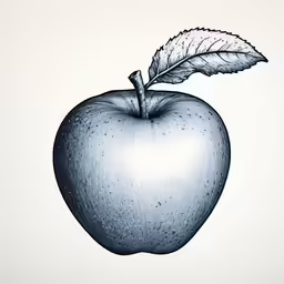 the apple with a leaf in front is drawn in pencil