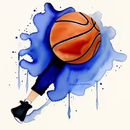 an abstract image of a man playing basketball,a painting of a basketball ball resting on its hand with paint splatters around it