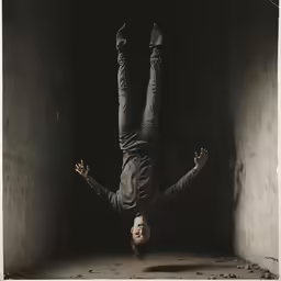 a man with his head upside down in a room