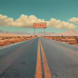 a large sign stands out on the deserted road