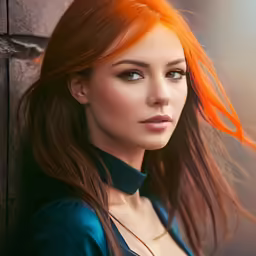 woman with orange hair wearing shirt next to wall