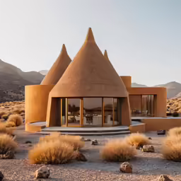 a house with three conical roof and a porch