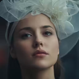 young woman with white flower on head wearing head dress