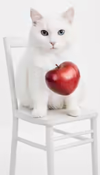 a white cat sits on a chair while holding an apple
