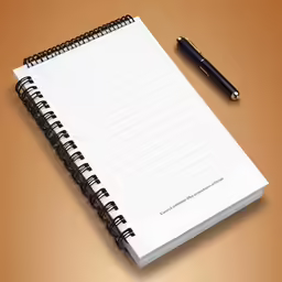 a notepad next to a pen on a brown surface
