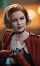 a woman with a red jacket looking at the camera