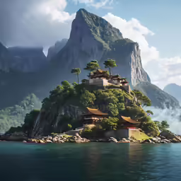 an island that is floating in the water near some mountains