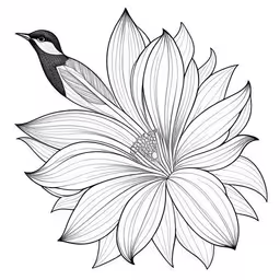 a humming bird sitting on top of a flower,an ink drawing of a bird on a flower