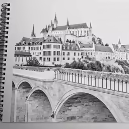 an architectural drawing shows the historic bridge over the river that runs past the cathedral