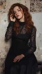 woman with red hair sitting in front of a wall wearing black dress