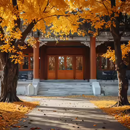 a building with a wooden door in front of trees and yellow foliage