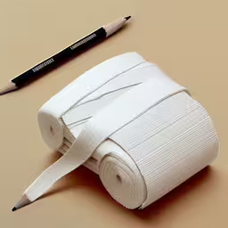 a roll of toilet paper and some black crayons,a white roll of fabric with a pencil beside it