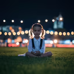 a girl in white shirt and suspenders sitting on grass in park
