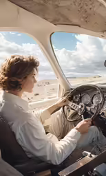 a young woman driving a vintage car while holding the steering wheel