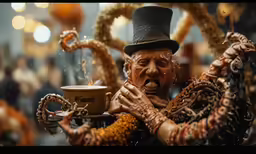 a statue is holding a coffee cup while wearing a top hat