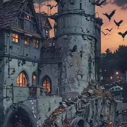 a painting of a large castle near a road