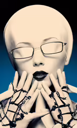 a creepy woman with a blue background holding her hands up
