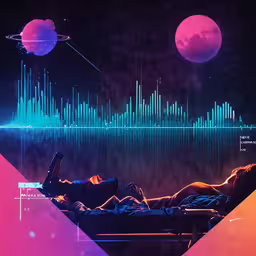 a neon - colored poster featuring two people laying down in a bed,a girl on a bed with a laptop with the headphones on