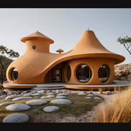the unusual house is in the mountains near the trees