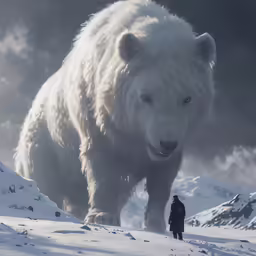 a man standing in the snow with large white animals in the background