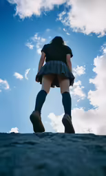 the girl is standing alone on a wall