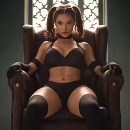 a woman in lingerie and thigh high boots sitting in an oversized chair