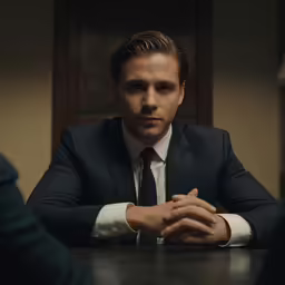 a man in a suit sits at a table