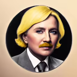 the photo shows a man with a yellow hair and a moustache