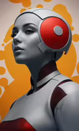 a woman with headphones in a red and silver suit