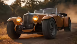 an orange oldtime style sports car is driving on a dirt road