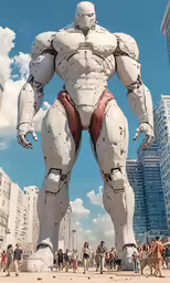 large inflatable body, white with red pants, and a red thong