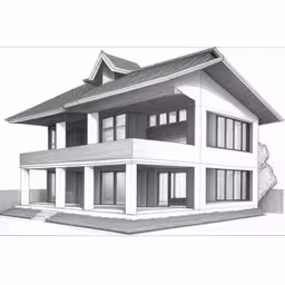 a drawing of a two story home with multiple windows,a house with a sloping roof and windows in a design