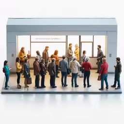 a group of people in front of a fake white building