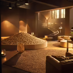 a large circular room has a spiral stair case, and round tables are in front of the sofas