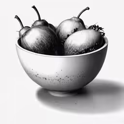 a white bowl with four onions and a piece of fruit