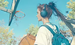 woman standing in a sports yard wearing headphones, while facing the basketball net